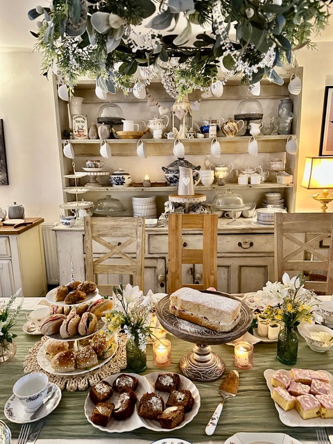 Cakes, scones and tea served beneath the dresser at The Old Rectory Tearoom