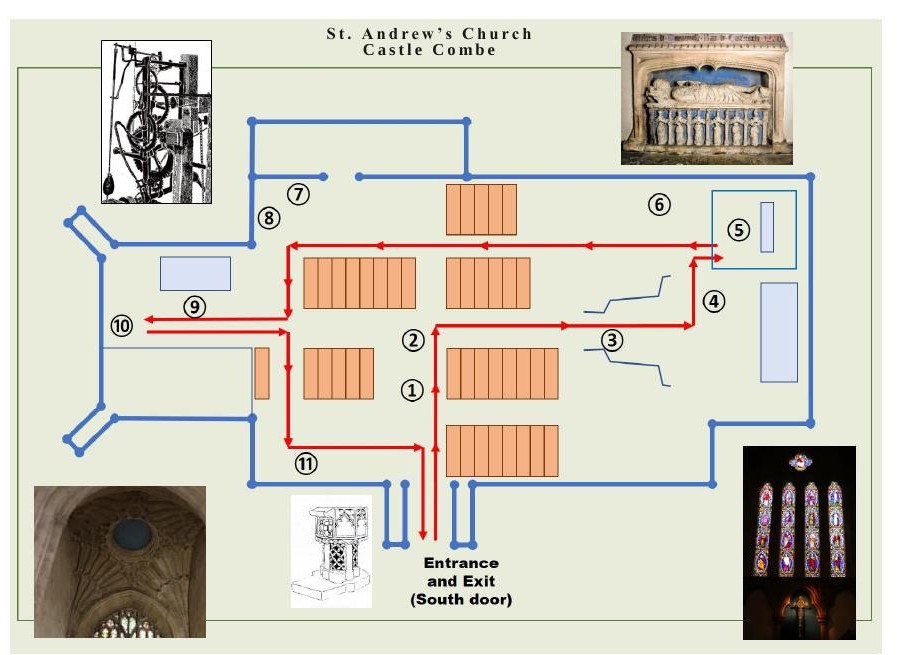 Floor plan of St. Andrew's Church showing the eleven heritage trail stops