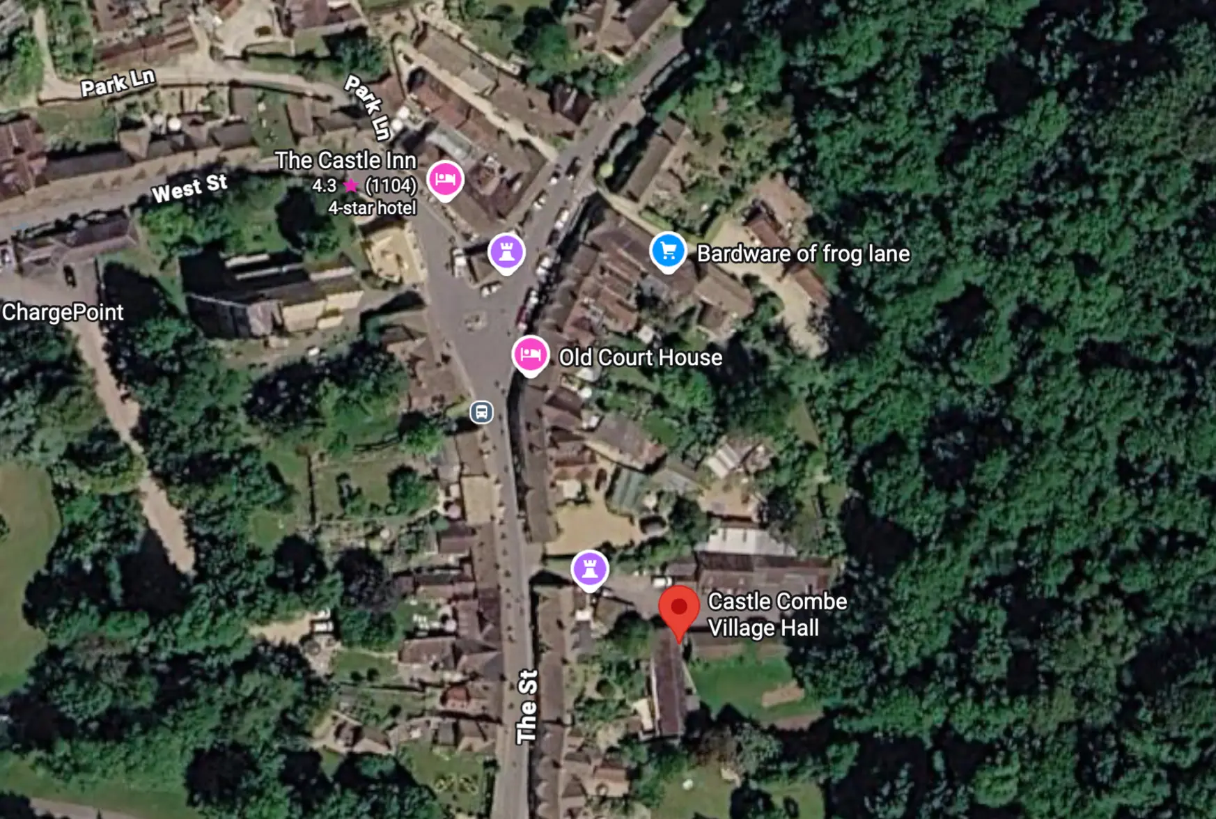 Aerial map showing the location of Castle Combe Village Hall