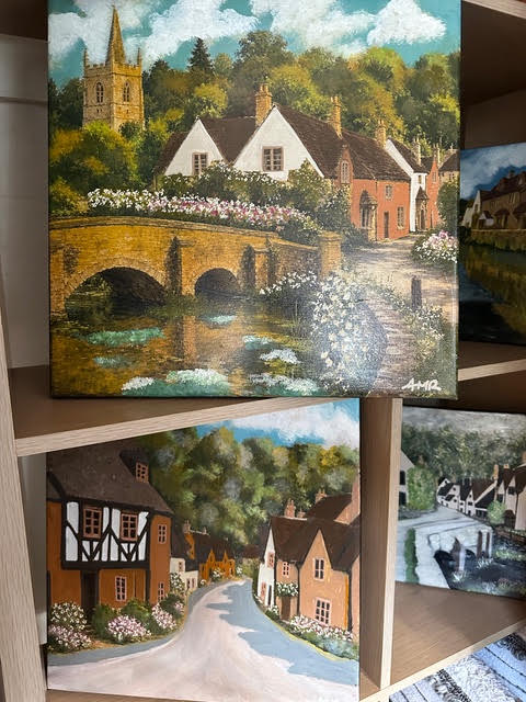 Painting of the bridge over the By Brook with St Andrew's church spire beyond