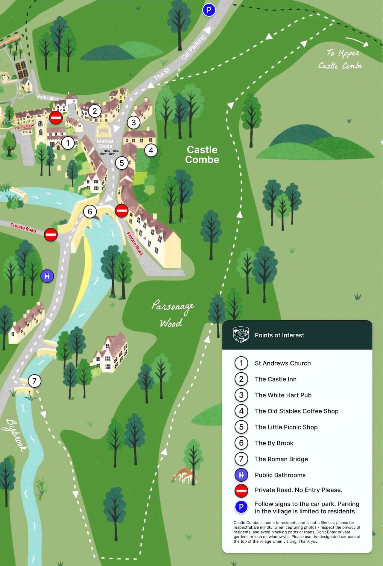 Illustrated map of Castle Combe village showing points of interest