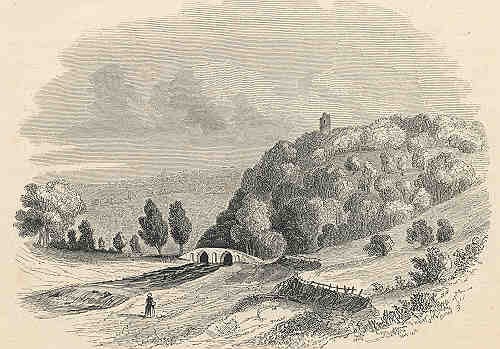 Historical illustration of Castle Combe showing the castle location on the hill