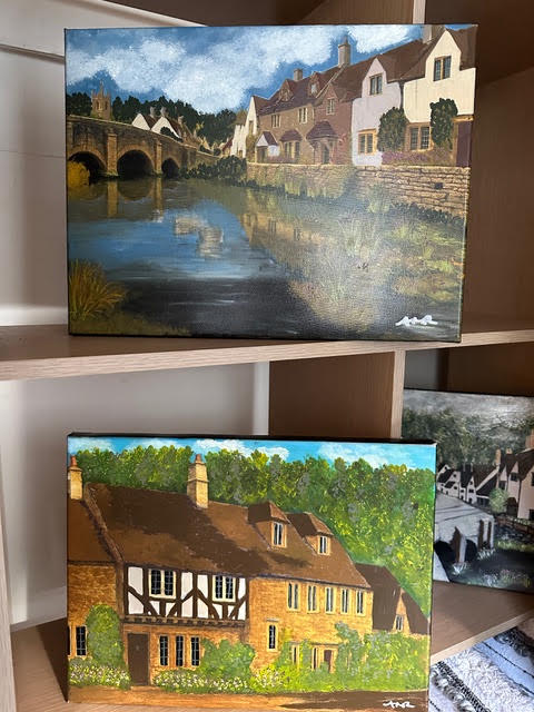 Paintings of the By Brook and stone cottages of Castle Combe