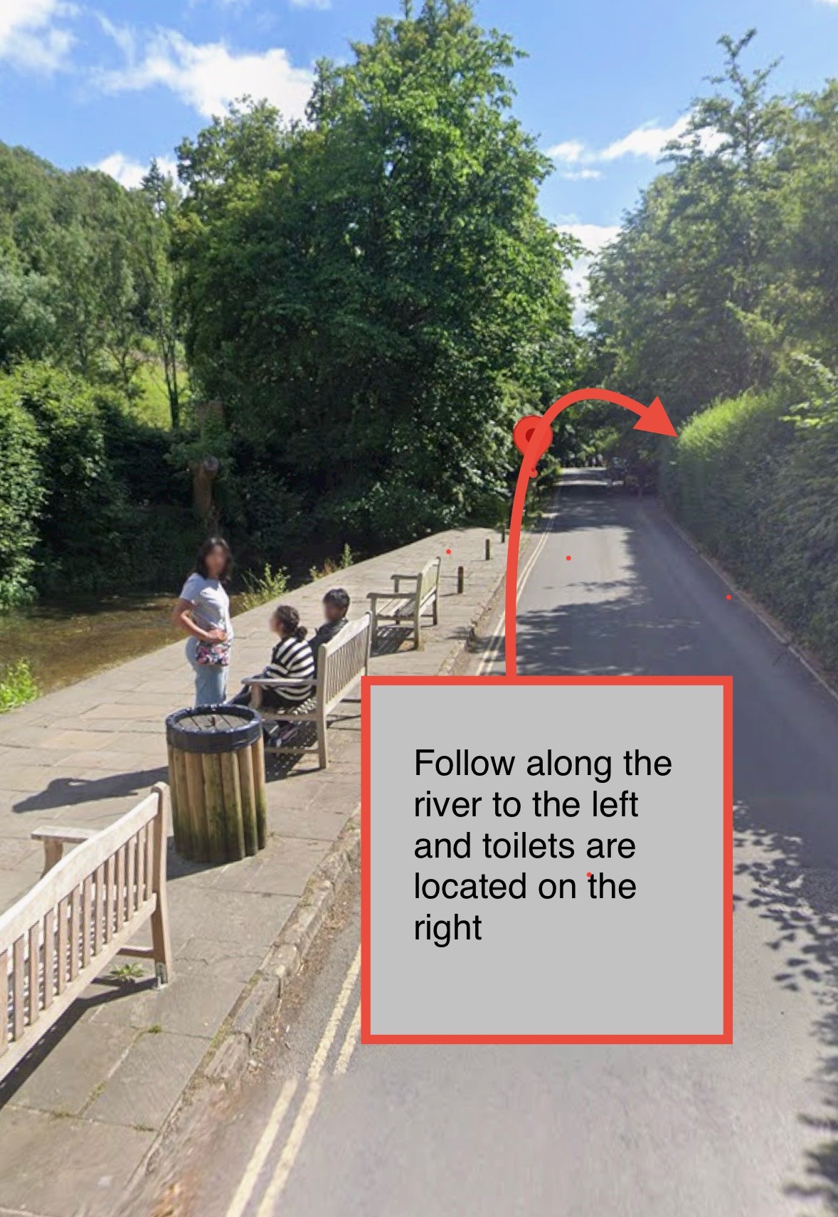 Map showing path to public toilets along the river